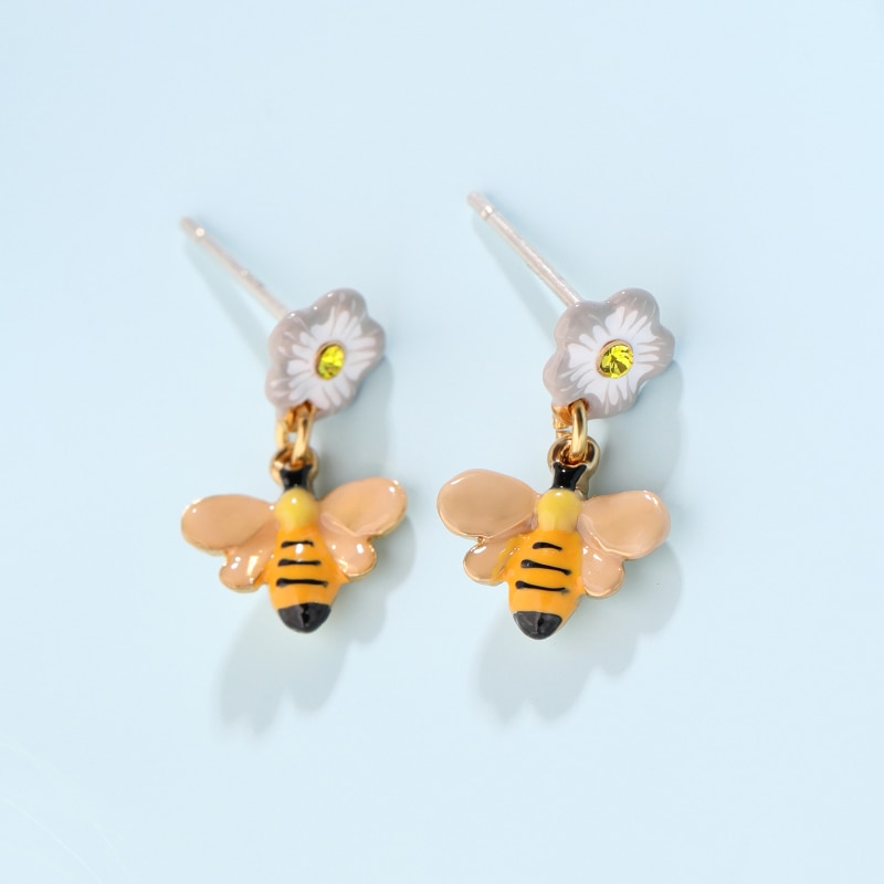 White Pink Flower Bee Enamel Earrings Jewelry Stud Earrings