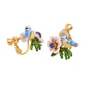 Blue Bird White Flower Hand Painted Enamel Stud Clip Earrings