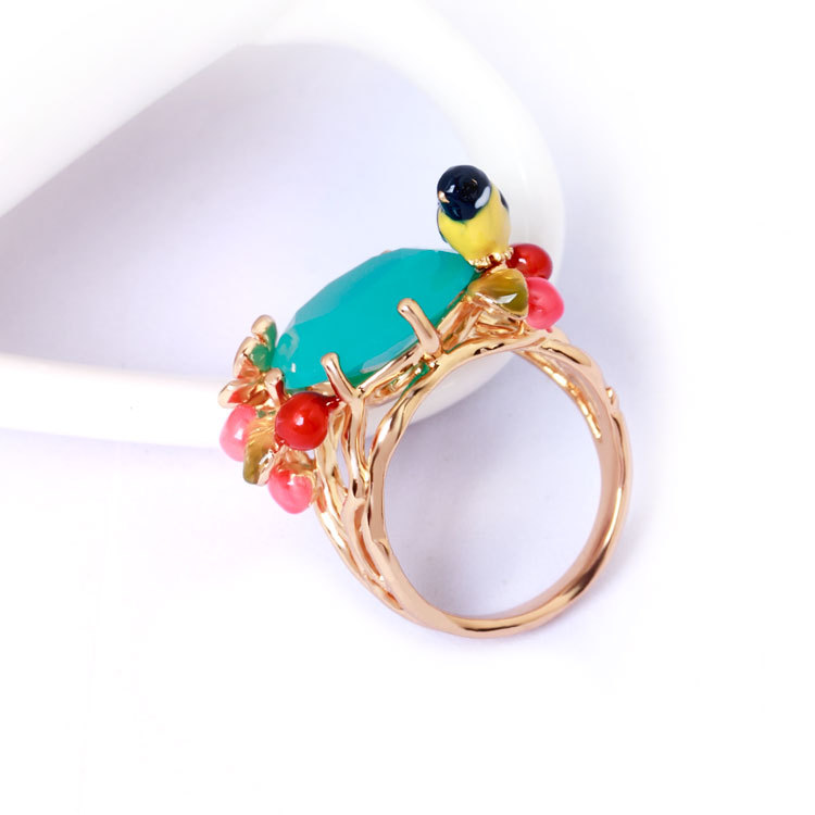 Yellow Bird Blue Crystal Cherry Rich Color Luxury Enamel Ring