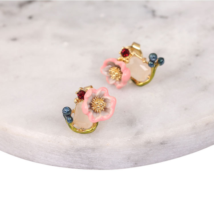 White Crystal Pink Rose Enamel Earrings Jewelry Stud Earrings