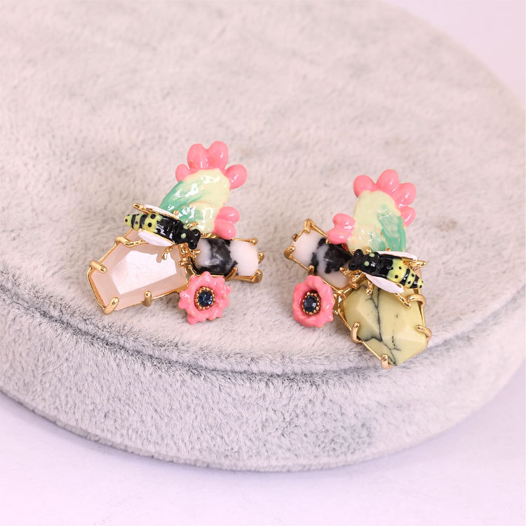 Cactus Bee Enamel Earrings Jewelry Stud Earrings