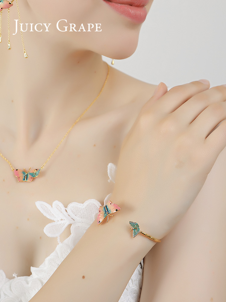 Colored Butterfly Enamel Open Bracelet