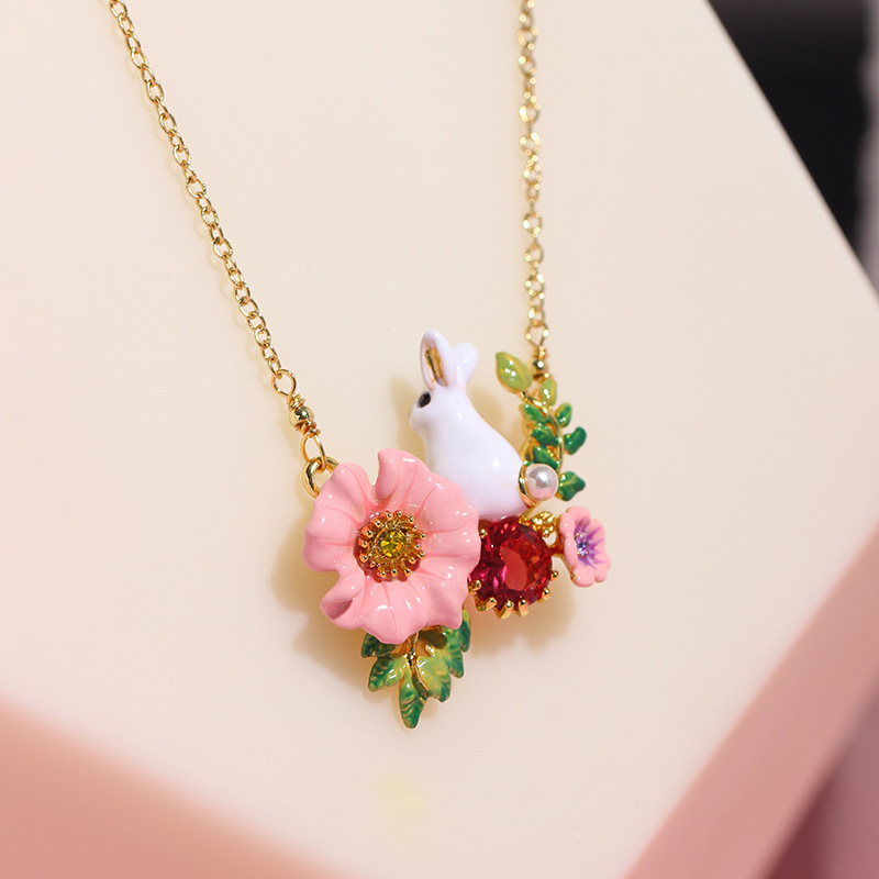Cute Rabbit Bunny And Flower Crystal Enamel Necklace