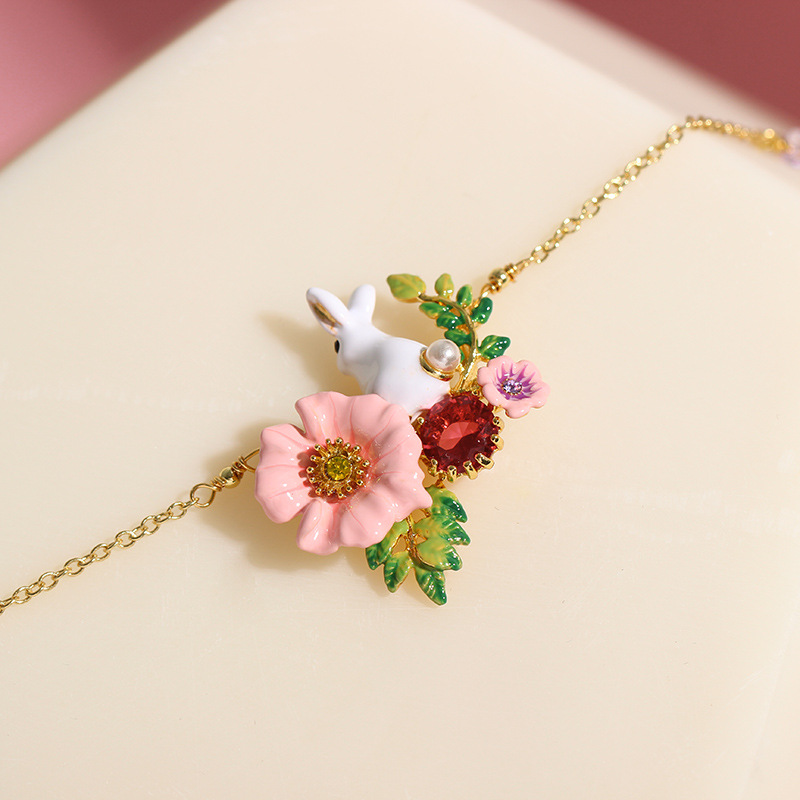 Cute Rabbit Bunny And Flower Crystal Enamel Necklace