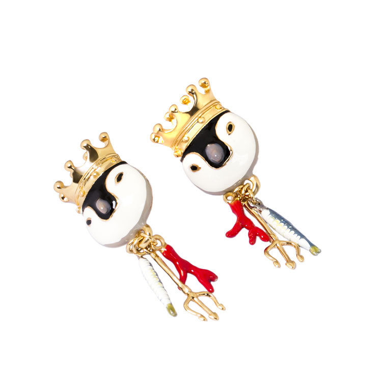 Crown Penguin Fork Enamel Earrings Jewelry Stud Clip Earrings