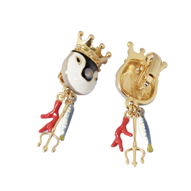Crown Penguin Fork Enamel Earrings Jewelry Stud Clip Earrings