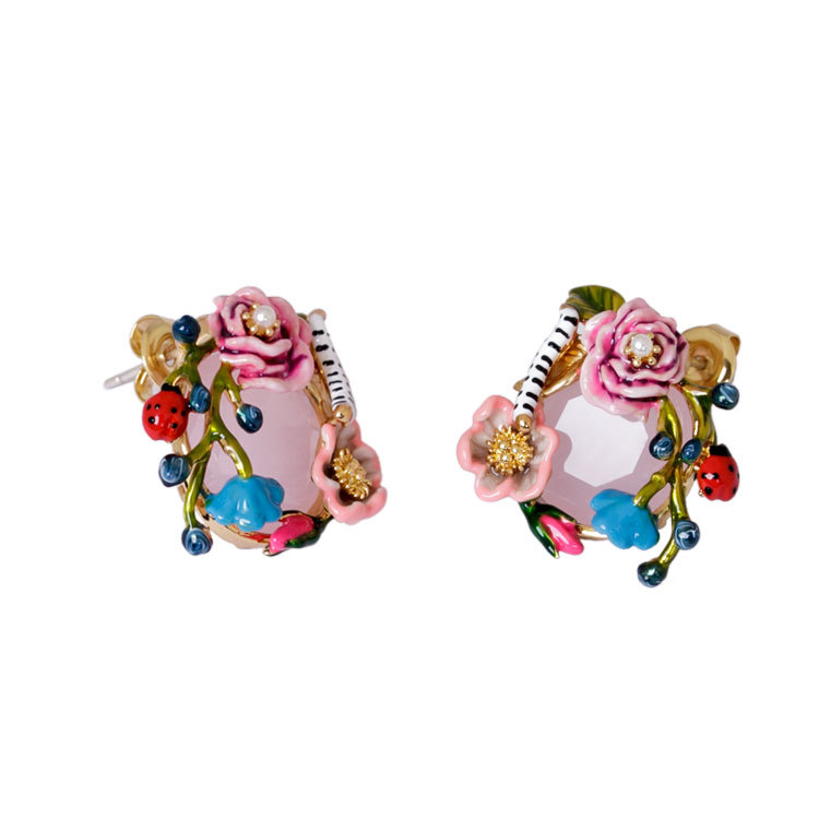 Caterpillar  Pink Flower Gem Enamel Earrings Jewelry Stud Earrings