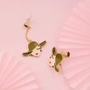Pink Flower Green Leaf Enamel Earrings