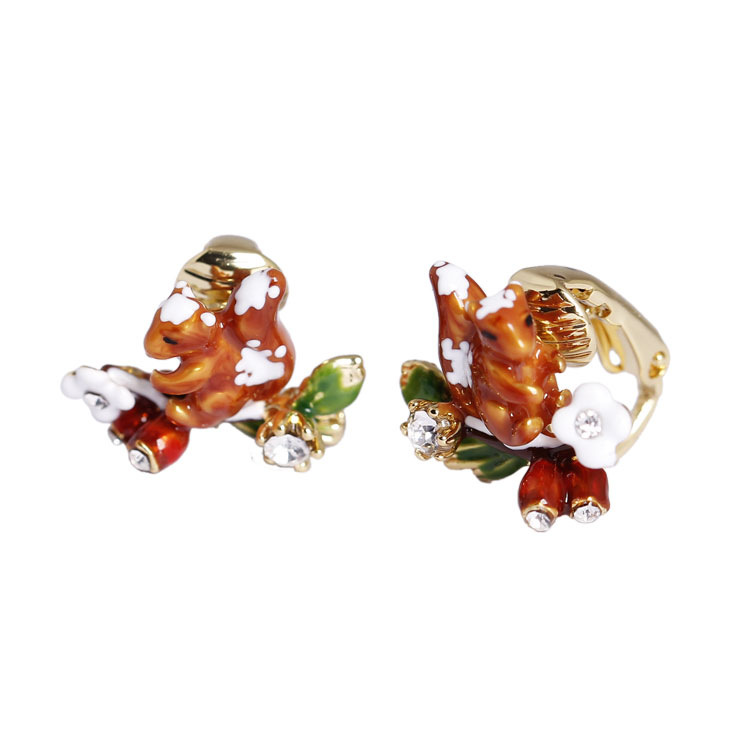 Squirrel Branch Enamel Earrings Jewelry Stud Clip Earrings