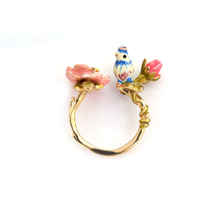 Three-dimensional Pink Flower Blue Tit Birdie Adjustable Wedding Ring Gilded Jewelry
