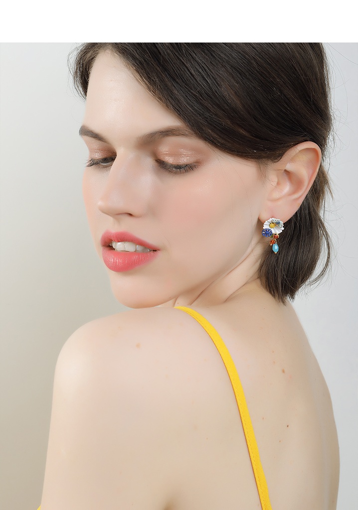 Daisy Flower Asymmetrical Enamel Earring