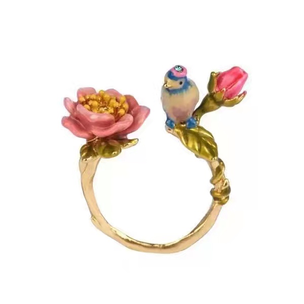Pink Flower Blue Tit Bird Enamel Adjustable Ring