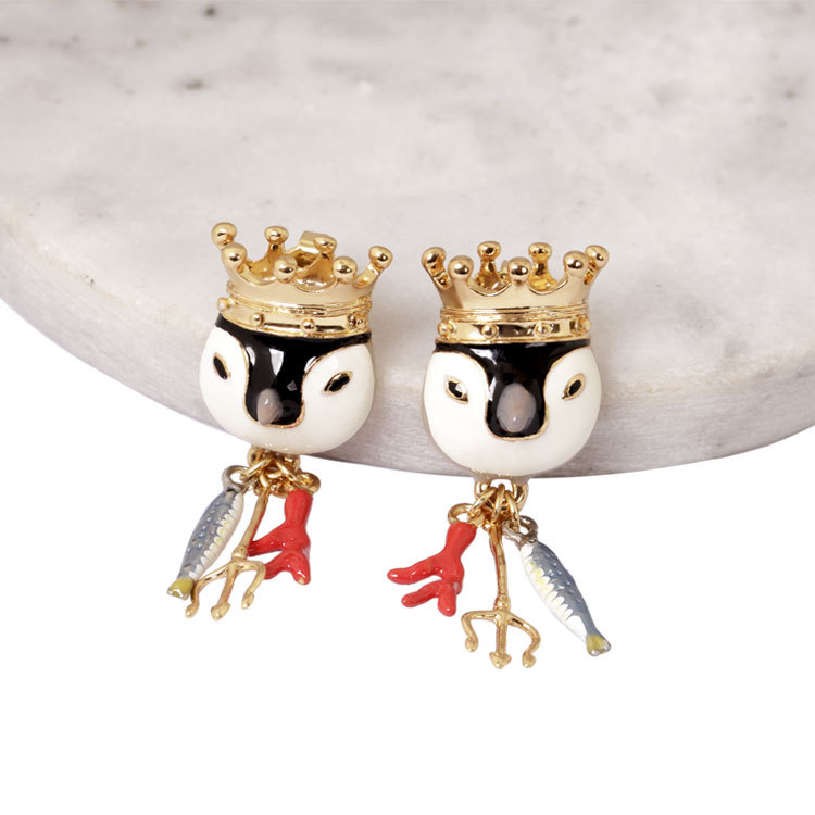 Crown Penguin Fork Enamel Earrings Jewelry Stud Clip Earrings