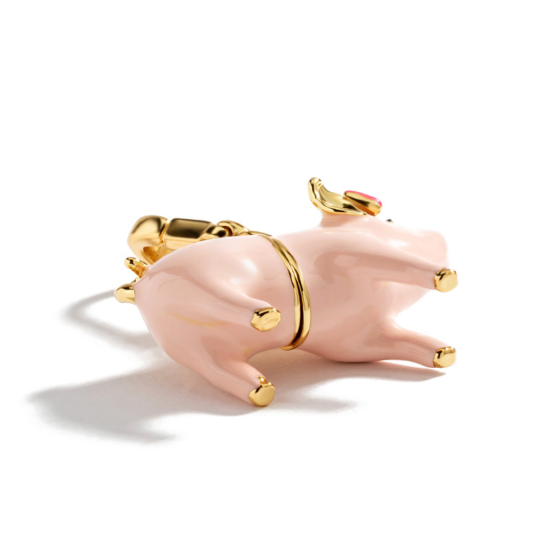 Pink Pig with Bow Ingot Enamel Pendant