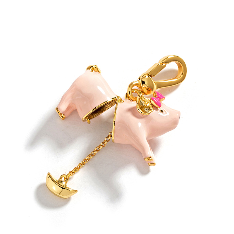 Pink Pig with Bow Ingot Enamel Pendant