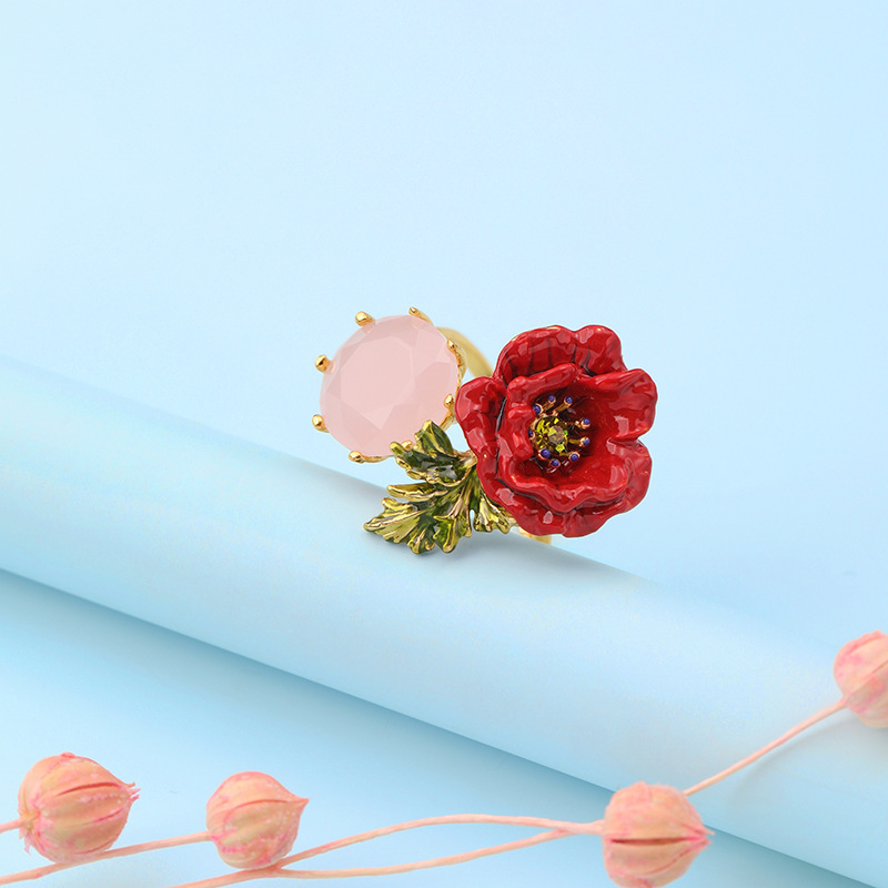 Rose Flower And Stone Enamel Adjustable Ring
