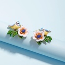 Blue Bird White Flower Hand Painted Enamel Stud Clip Earrings