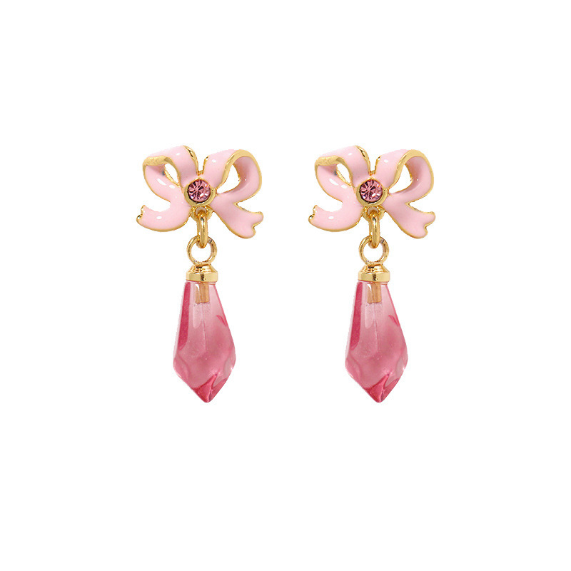Pink Bow And Crystal Enamel Earrings