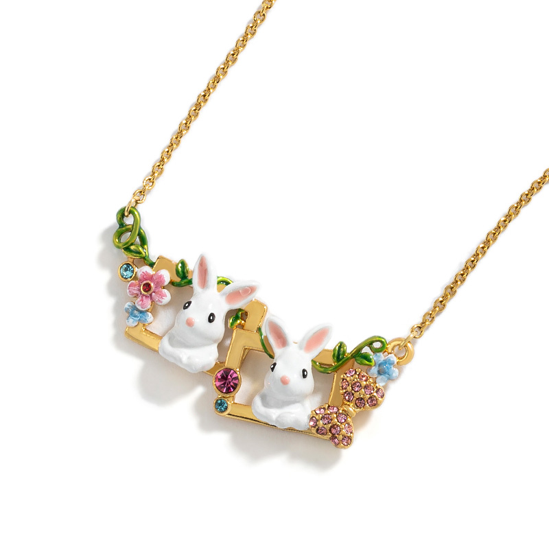 Rabbit And Flower Enamel Necklace