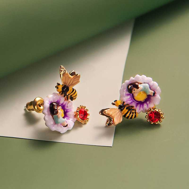 Pink Peach And Flower Enamel Stud Earrings