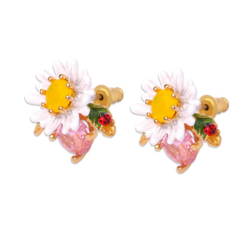 Pink Peach And Flower Enamel Dangle Earrings