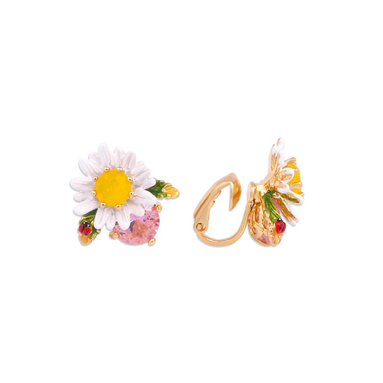 Pink Peach And Flower Enamel Dangle Earrings
