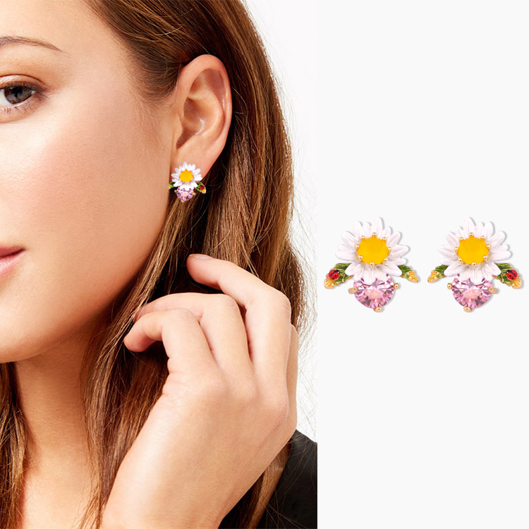 Daisy On Faceted Crystal Enamel Earrings