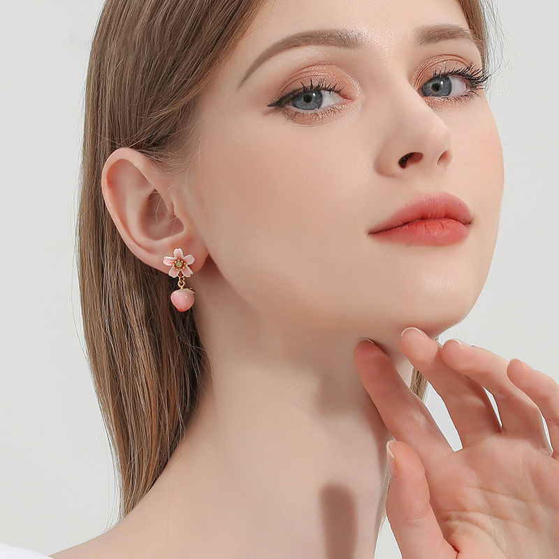 Pink Peach And Flower Enamel Earrings