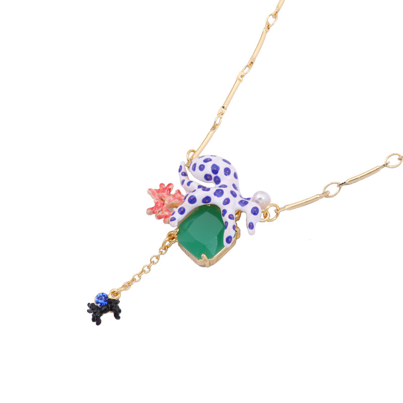 Enamel Glaze Inlay Gemstone Pendant Trendy Elegant Necklace Blue Dot Octopus