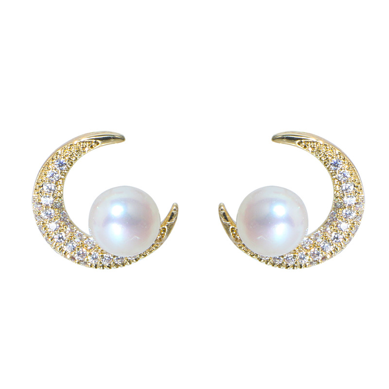 Freshwater Pearl On Moon Stud Earrings