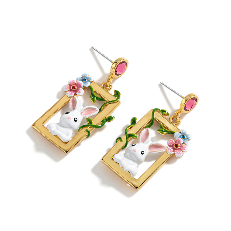 Rabbit Bunny And Flower Enamel Stud Earrings