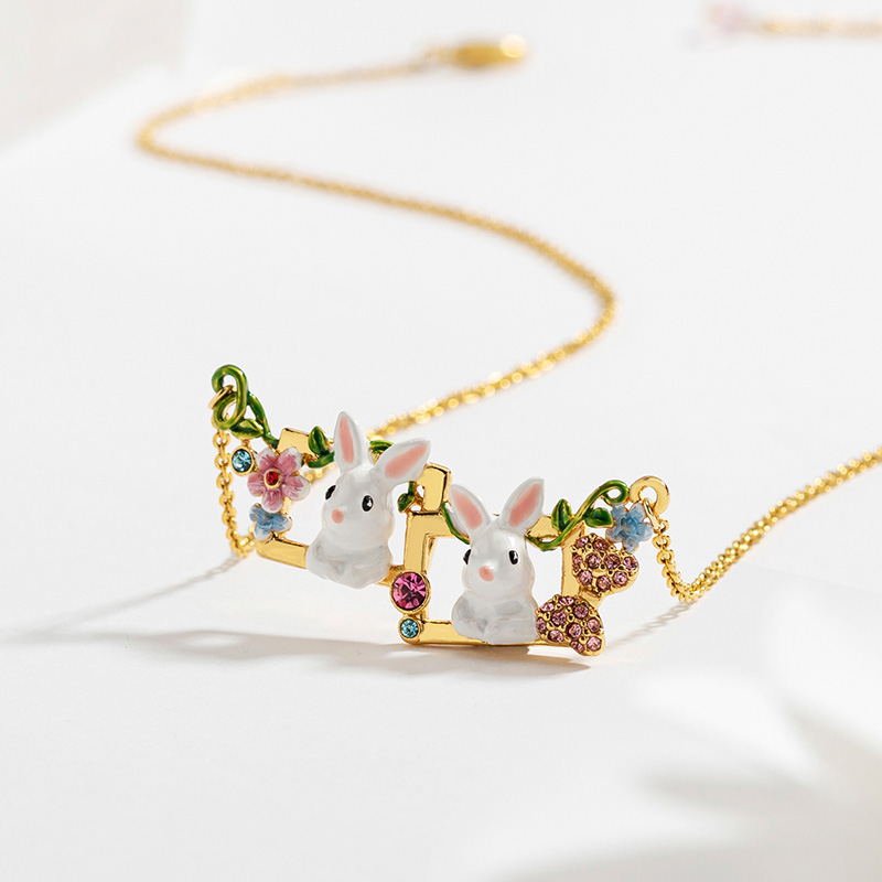 Rabbit And Flower Enamel Necklace