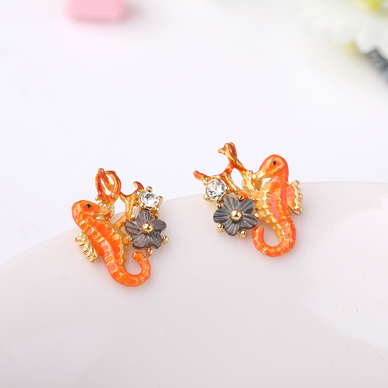 Flower Raspberry And Crystal Enamel Earrings