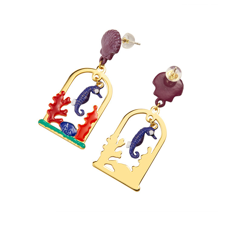 Seahorse And Shell Oacen Enamel Earrings