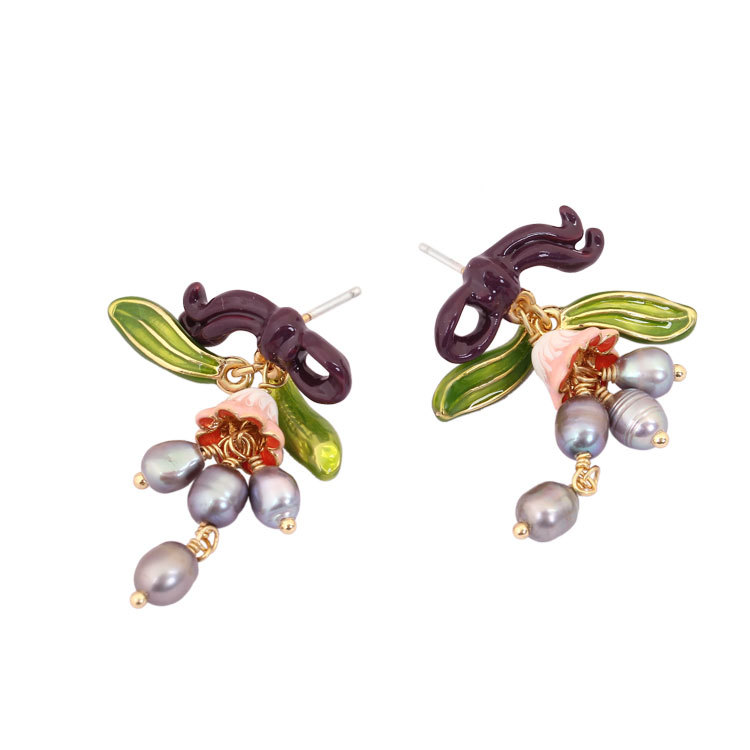 Bell Orchid Green Leaf Tassel Enamel Earrings Jewelry Stud Earrings