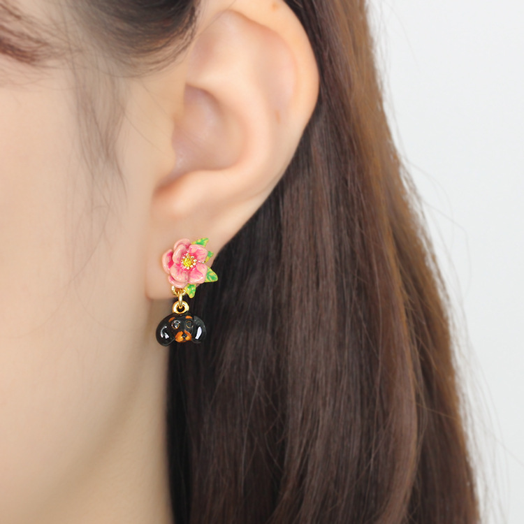 Pink Flower And Stone Ename Earrings