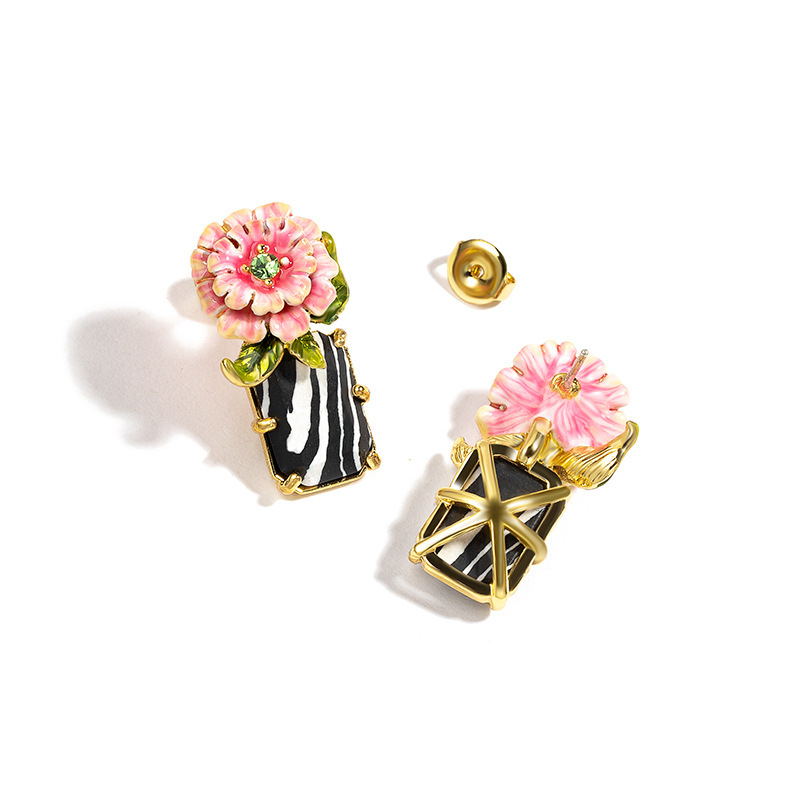 Pink Flower And Stone Ename Earrings