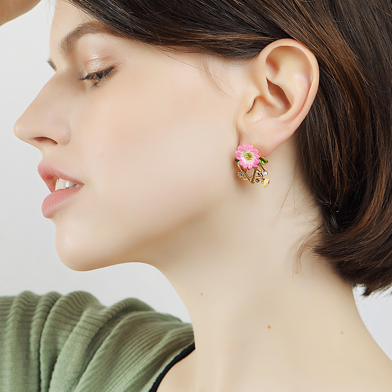 Pink Flower And Crystal Enamel Earrings