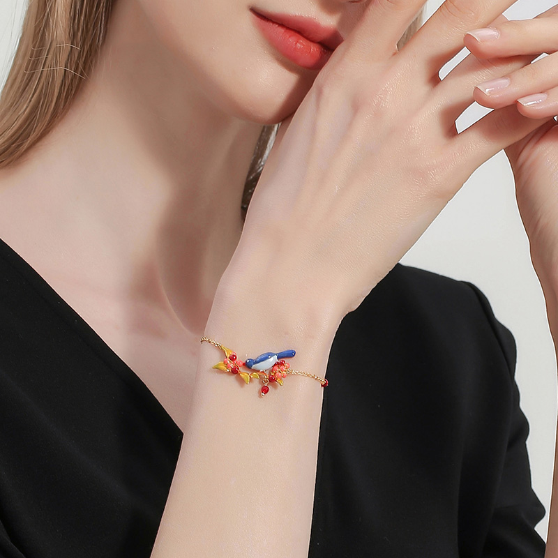 Flower And Swallow Asymmetrical Enamel Stud Earrings