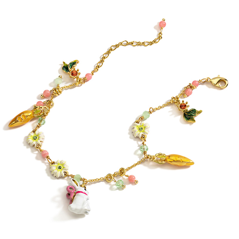 Cute Rabbit Bunny And Carrot Flower Enamel Charm Bracelet