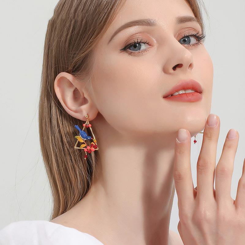 Blue Bird On Cherry Branch Enamel Earrings