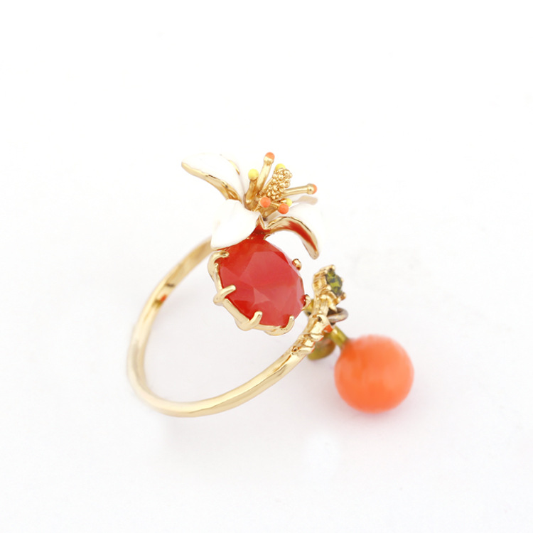 Enamel Glaze Orange Flower Crystal Hatch Gold Ring