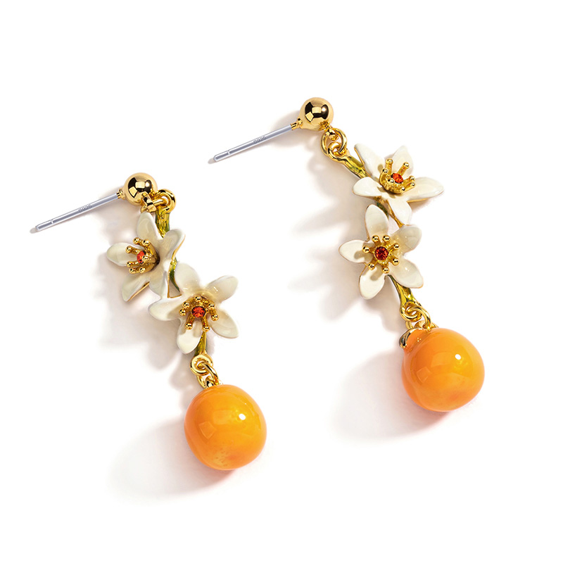 Orange Blossom Flower Tassel Enamel Stud Earrings