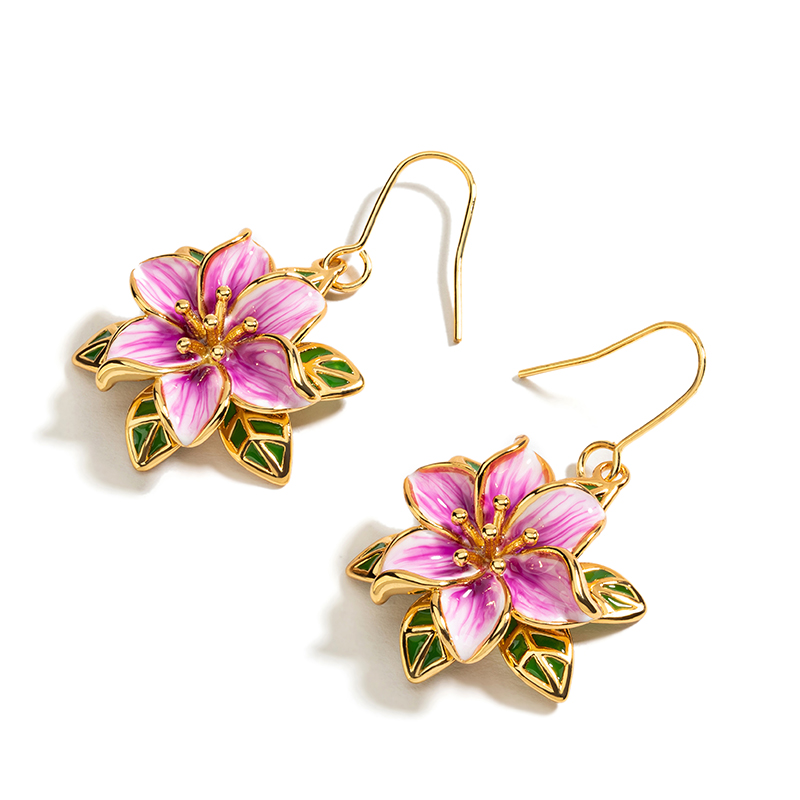 Purple Flower Enamel Hook Earrings