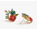 Red Rose On Branch And Crystal Eaneml Stud Earrings