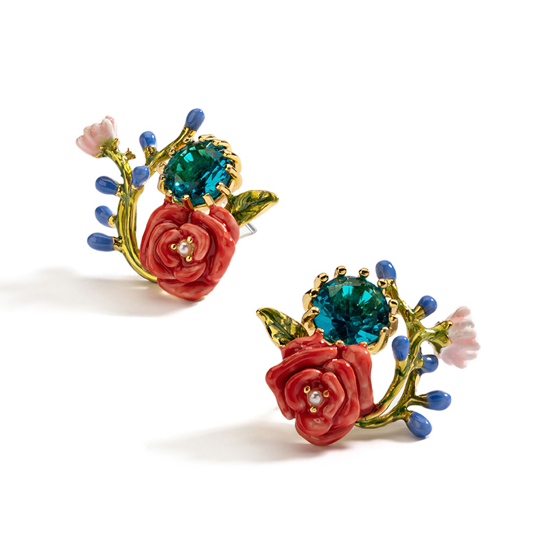 Red Rose On Branch And Crystal Eaneml Stud Earrings