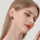 Red Rose On Branch And Crystal Eaneml Stud Earrings