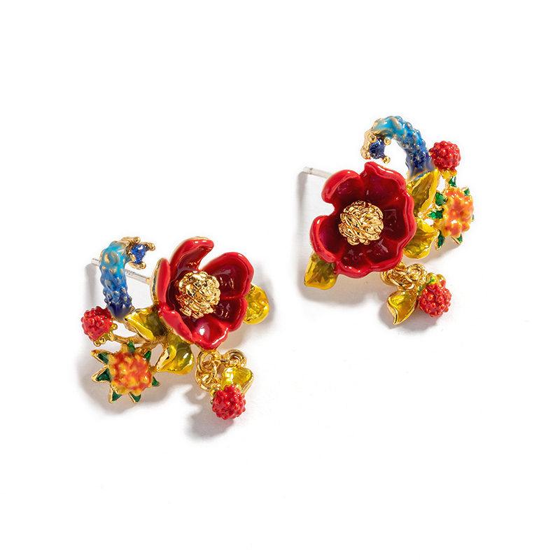 Peony Red Flower And Crystal Enamel Stud Earrings