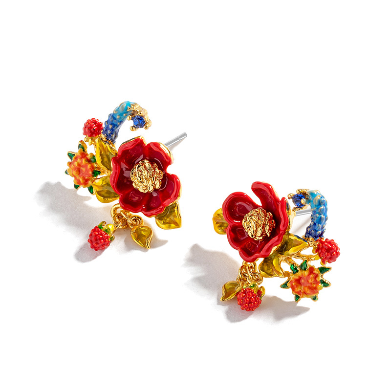 Peony Red Flower And Crystal Enamel Stud Earrings