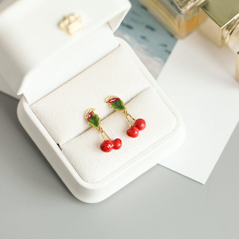 Cherry And Leaf Enamel Earrings